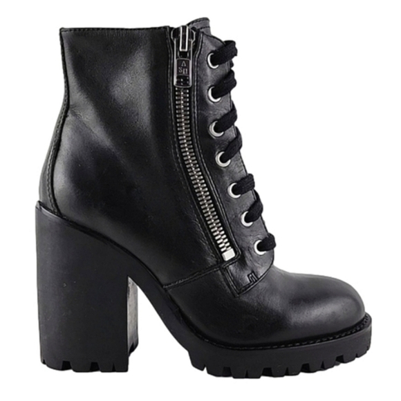 Ash Shoes - ASH Women's Poker Heeled Black Leather Chunky  Lace Up Dual Zipper Boots Size 37